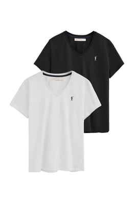 Zweierpack kurzärmlige Damen-T-Shirts schwarz und weiß mit V-Ausschnitt und Rigby Go Stickerei