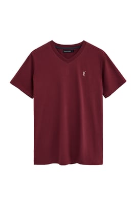 T-Shirt granatrot mit V-Ausschnitt und Rigby Go Logo