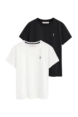 Zweierpack kurzärmlige Damen-T-Shirts schwarz und weiß mit Rundhalsausschnitt und Rigby Go Stickerei