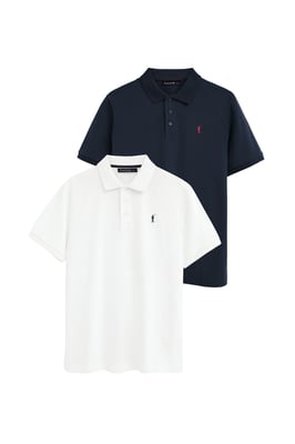Zweierpack Herren-Poloshirts marineblau und weiß mit kurzen Ärmeln und gesticktem Rigby Go Logo