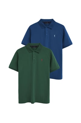 Zweierpack Herren-Poloshirts indigoblau und flaschengrün mit kurzen Ärmeln und gesticktem Rigby Go Logo