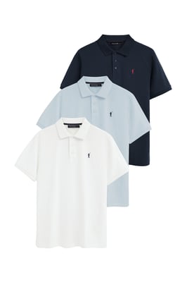 Dreierpack Herren-Poloshirts hellblau, marineblau und weiß mit kurzen Ärmeln und gesticktem Rigby Go Logo