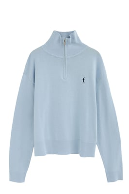 Pullover hellblau mit Zip-Kragen und Rigby Go Stickerei