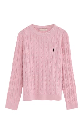 Strickpullover rosa mit Zopfmuster und Rigby Go Stickerei