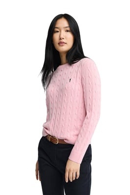 Strickpullover rosa mit Zopfmuster und Rigby Go Stickerei