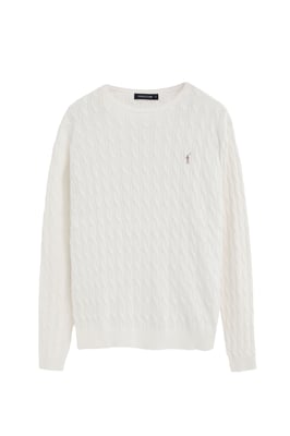 Zweierpack Herren-Strickpullover marineblau und ecru mit Zopfmuster und Rigby Go Logo