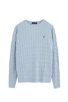 Strickpullover hellblau mit Zopfmuster und Rigby Go Logo