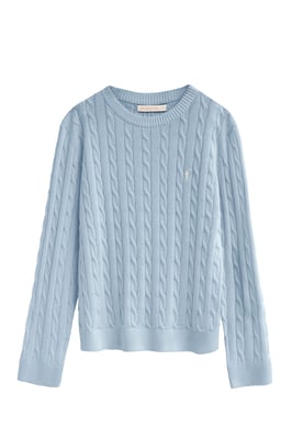 Strickpullover hellblau mit Zopfmuster und Rigby Go Stickerei