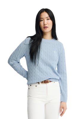 Strickpullover hellblau mit Zopfmuster und Rigby Go Stickerei
