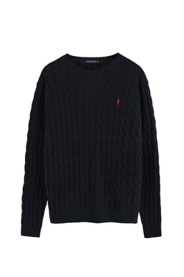 Strickpullover marineblau mit Zopfmuster und Rigby Go Logo