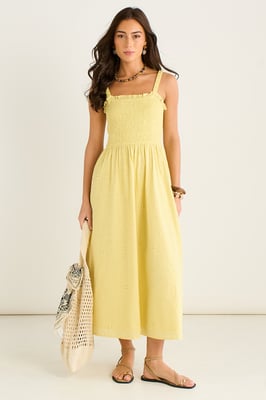 Gelbes Sommerkleid mit besticktem, gerafftem Oberteil