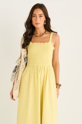 Gelbes Sommerkleid mit besticktem, gerafftem Oberteil