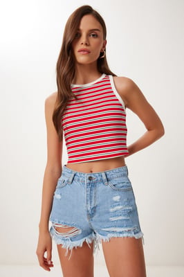 Hohe Taillen Zerstörte Denim-Shorts