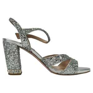 Miu Miu mit Kristallen verzierte Ledersandalen in silbernem Glitzer