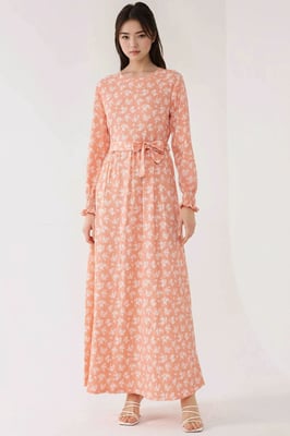 Blumendruck Maxi-Kleid mit langen Ärmeln und Gürtel