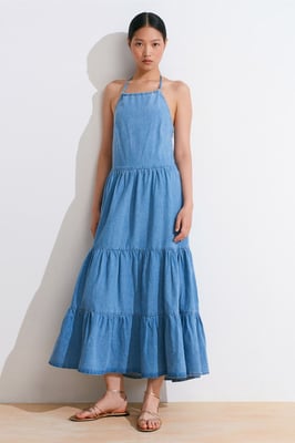 Damen Baumwoll-Denim-Midikleid