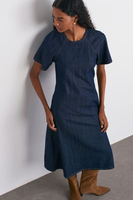 Baumwoll-Denim Midi A-Linie Kleid