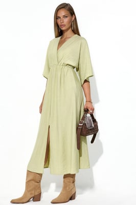 V-Ausschnitt Midikleid mit Wickeloptik und drei Viertelärmeln