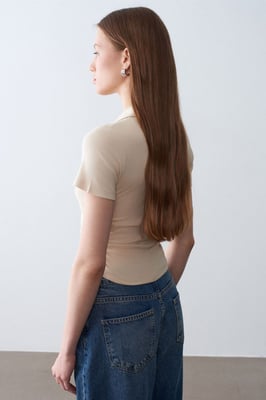 Damen Crop Slim Fit Polo T-Shirt