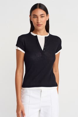 Damen Baumwoll V-Ausschnitt Button T-Shirt