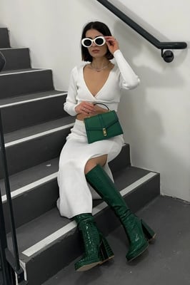 2 Teile: V-Ausschnitt Langarm Cropped Top & Hohe Taille Schlitz Maxirock