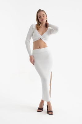 2 Teile: V-Ausschnitt Langarm Cropped Top & Hohe Taille Schlitz Maxirock