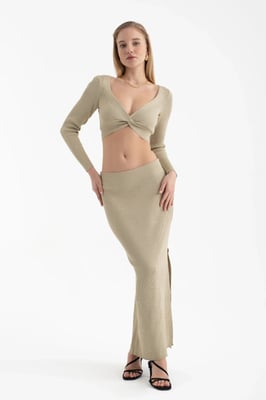 2 Stück: V-Ausschnitt Langarm Crop Top & Hohe Taille Schlitz Maxirock