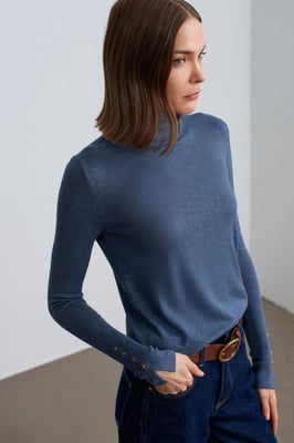 Damen Rollkragen Strickpullover mit Knöpfen
