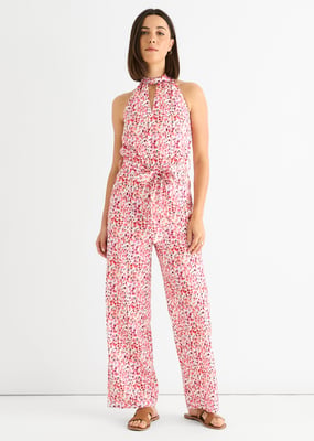Rosa Jumpsuit mit Blumenmuster und Neckholder-Ausschnitt