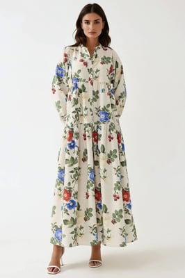 Blumen-Leinen-Optik Maxikleid mit Rundhalsausschnitt