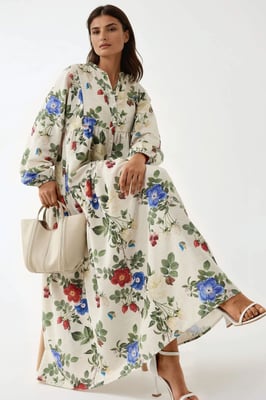 Blumen-Leinen-Optik Maxikleid mit Rundhalsausschnitt