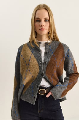 Rautenmuster Rundhals-Cardigan