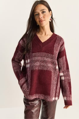 Kariertes V-Ausschnitt Langarm-Strickpullover