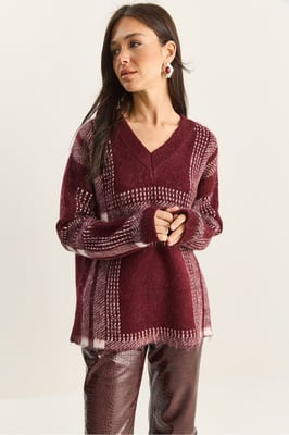 Kariertes V-Ausschnitt Langarm-Strickpullover
