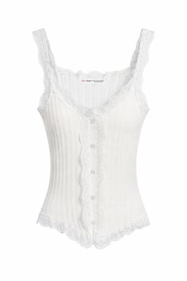 Taillierte ärmellose Spitzen-Rippenbluse mit Knöpfen