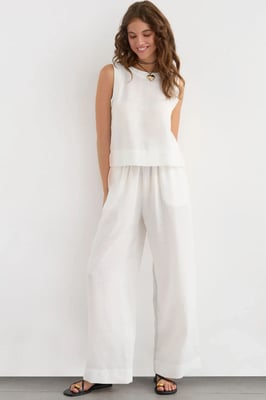 Leinengefühl Bluse & Elastischer Taillenbund Hosen Zweiteiliges Set