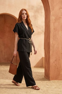 V-Ausschnitt Knopfleistenbluse & Hochtaillierte Hose Zweiteiliges Set