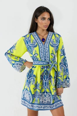 V-Ausschnitt Paisley A-Linie Mini-Kleid mit Knöpfen