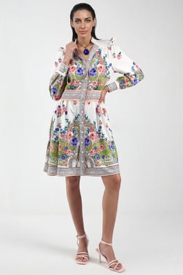 Rüschendetails Paisley V-Ausschnitt Mini Skaterkleid