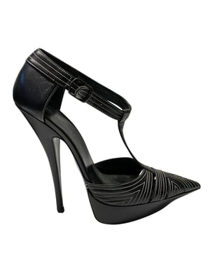 Balenciaga T-Strap Kontraststich Absatzschuhe aus schwarzem Leder