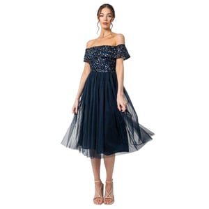Maya Deluxe - Midikleid für Damen, Schulterfrei, kurzärmlig (Marine)