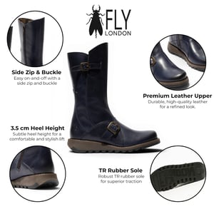 Fly London Womens Wine MES 2 Keil-Fersen-Schnalle mit Leder-Reißverschluss-Plattformstiefeln bis zur Mitte der Wade