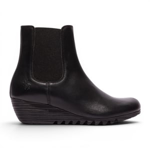 Fly London Damen Schwarze Leder-Chelsea-Stiefel mit Keilabsatz – ORFU496