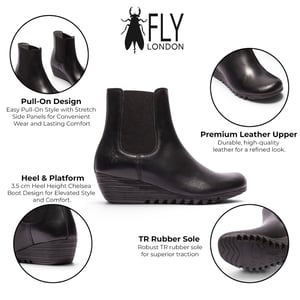 Fly London Damen Schwarze Leder-Chelsea-Stiefel mit Keilabsatz – ORFU496