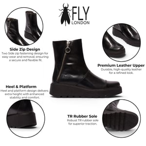 Fly London Damen Schwarze Leder-Reißverschluss-Plattform-Knöchelstiefel – TARP553FLY