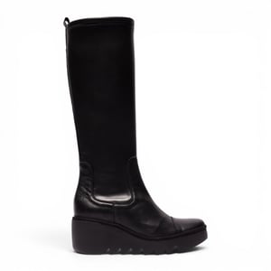 Fly London Damen Schwarze Lederstiefel mit hohem Keilabsatz – BUDI603