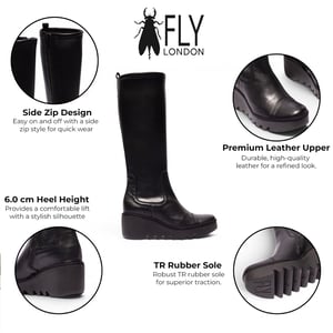 Fly London Damen Schwarze Lederstiefel mit hohem Keilabsatz – BUDI603