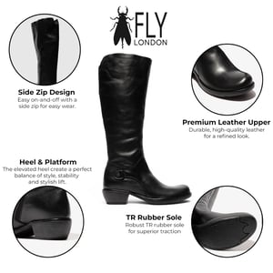 Fly London Damen Schwarze Leder-Reitstiefel mit hohen Absätzen – MISTRY