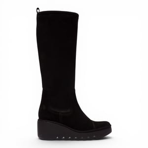 Fly London Damen-Schwarze Wildlederstiefel mit hohem Keilabsatz – BUDI603