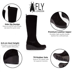 Fly London Damen-Schwarze Wildlederstiefel mit hohem Keilabsatz – BUDI603